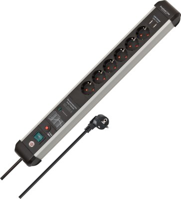 Premium-Protect-Line 60.000A &Uuml;berspannungsschutz-Steckdosenleiste mit USB-Ladefunktion 6-fach 3m H05VV-F 3G1,5