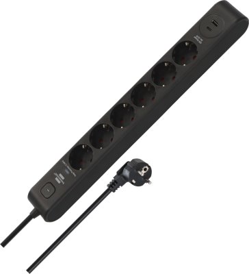 &Uuml;berspannungsschutz-Steckdosenleiste 6-fach 13.500 A mit 1x USB C PD 20W, 1x USB A 20W, 2m H05VV-F 3G1,5 schwarz