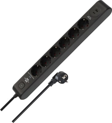 &Uuml;berspannungsschutz-Steckdosenleiste 6-fach 13.500 A mit 1x USB C PD 20W, 1x USB A 20W, 2m H05VV-F 3G1,5 schwarz/anthrazit