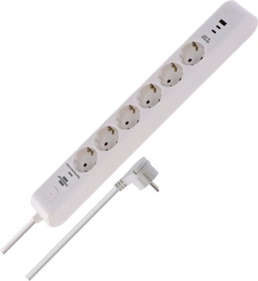 &Uuml;berspannungsschutz-Steckdosenleiste 6-fach 45.000 A mit 2x USB C PD 36W, 1x USB A 36W, 2m H05VV-F 3G1,5 wei&szlig;